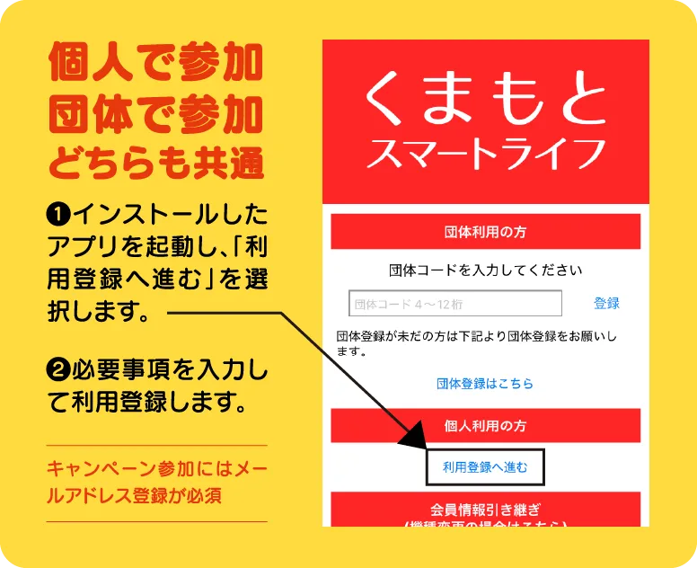 ①インストールシアアプリを起動し、「利用登録へ進む」を選択します。②必要事項を入力して利用登録します。（キャンペーン参加にはメールアドレス登録が必須）